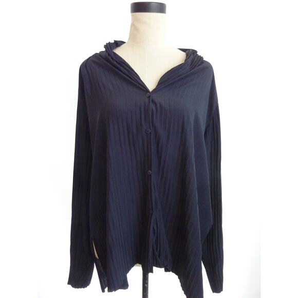Aritzia Babaton Collector Shirt Oversized Pleated Button Down Blouse Top S Navy - Picture 1 of 6